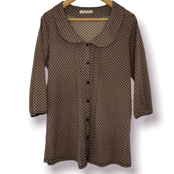 Maternity Blouse Semi Sheer Brown and Black Polka Dot Button Down 3/4 Sleeve Top - Picture 1 of 4